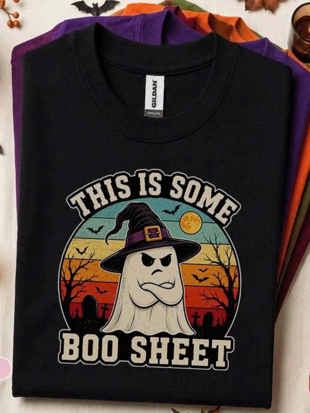 Halloween Tee with Colorful Retro Ghost Graphic